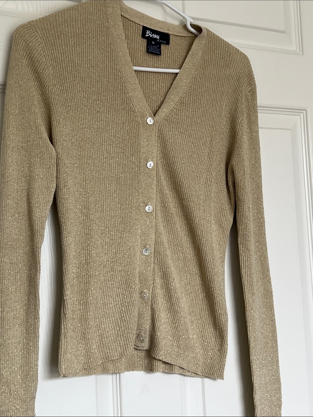 Metallic Ribbed V-Neck Cardigan - Gold